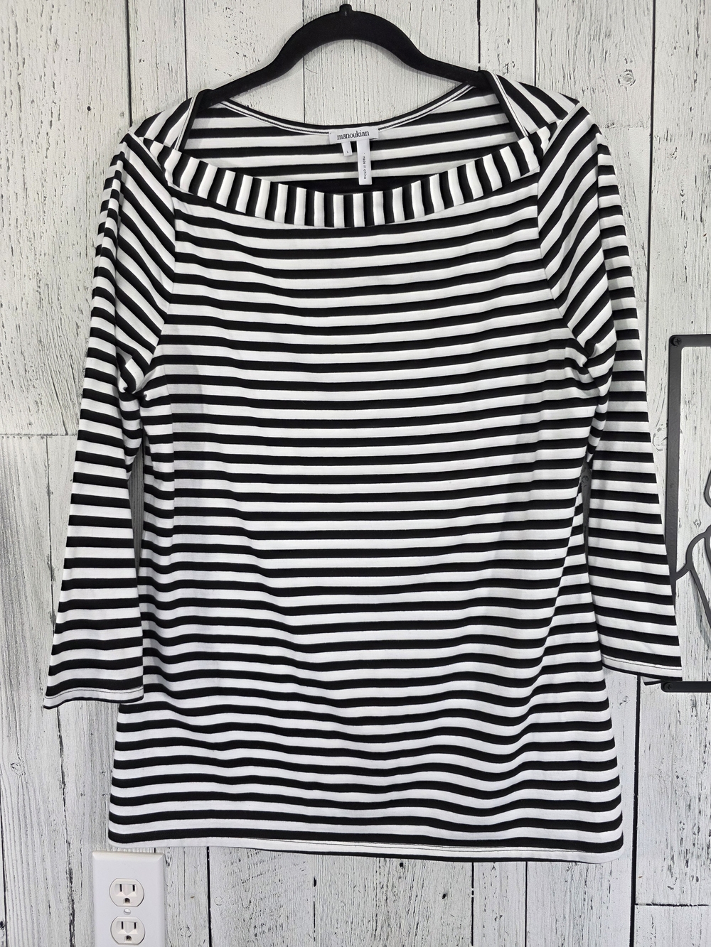 Manoukian Black & White Striped Stretch Top Size L Business Office Casual